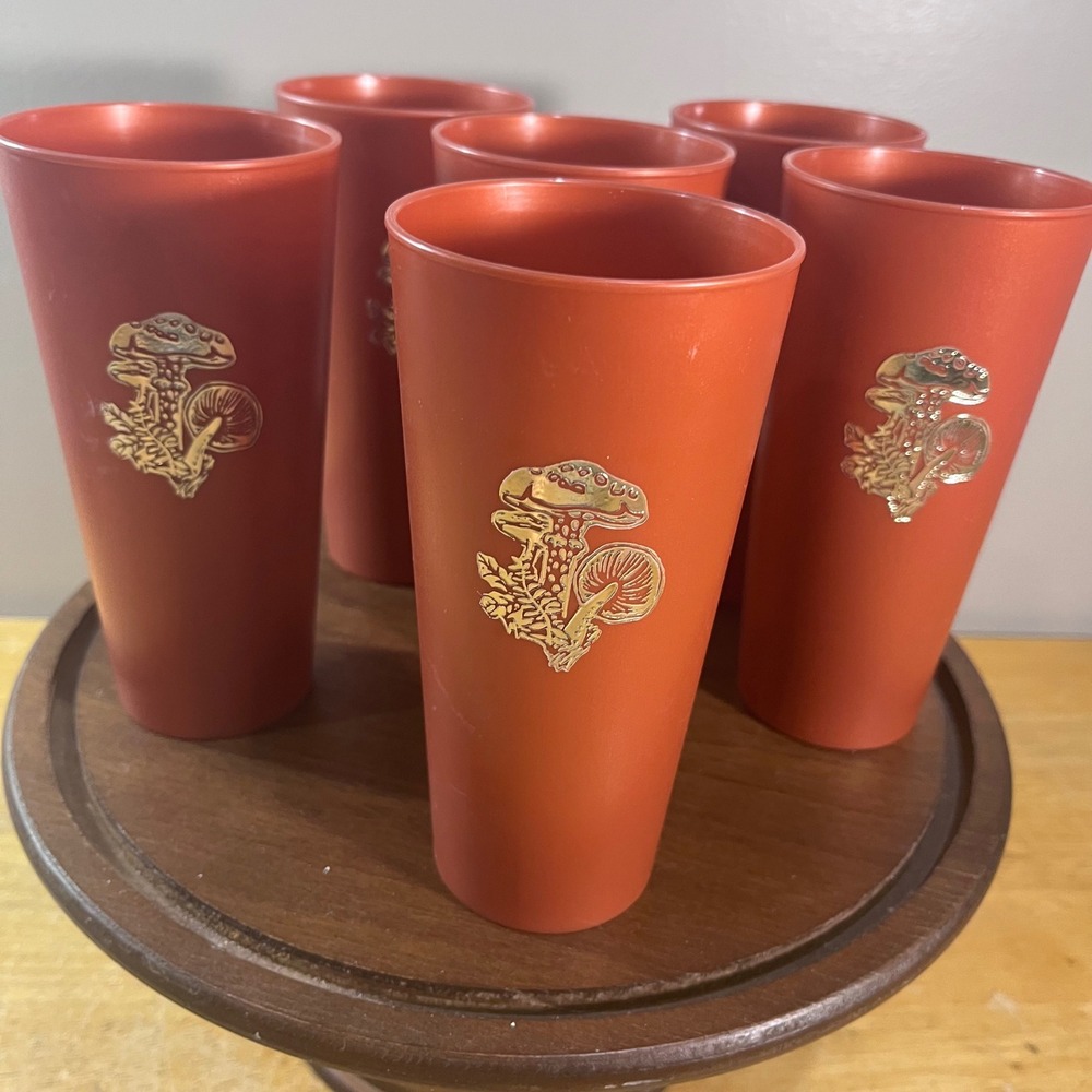Vtg NASCO Mushroom Plastic Tumbler Set 6 Terracotta Orange Gold Retro Boho 6.5"